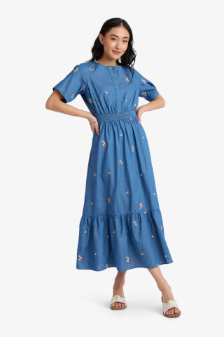 Denim Blue Smocked Waist Modest Dress