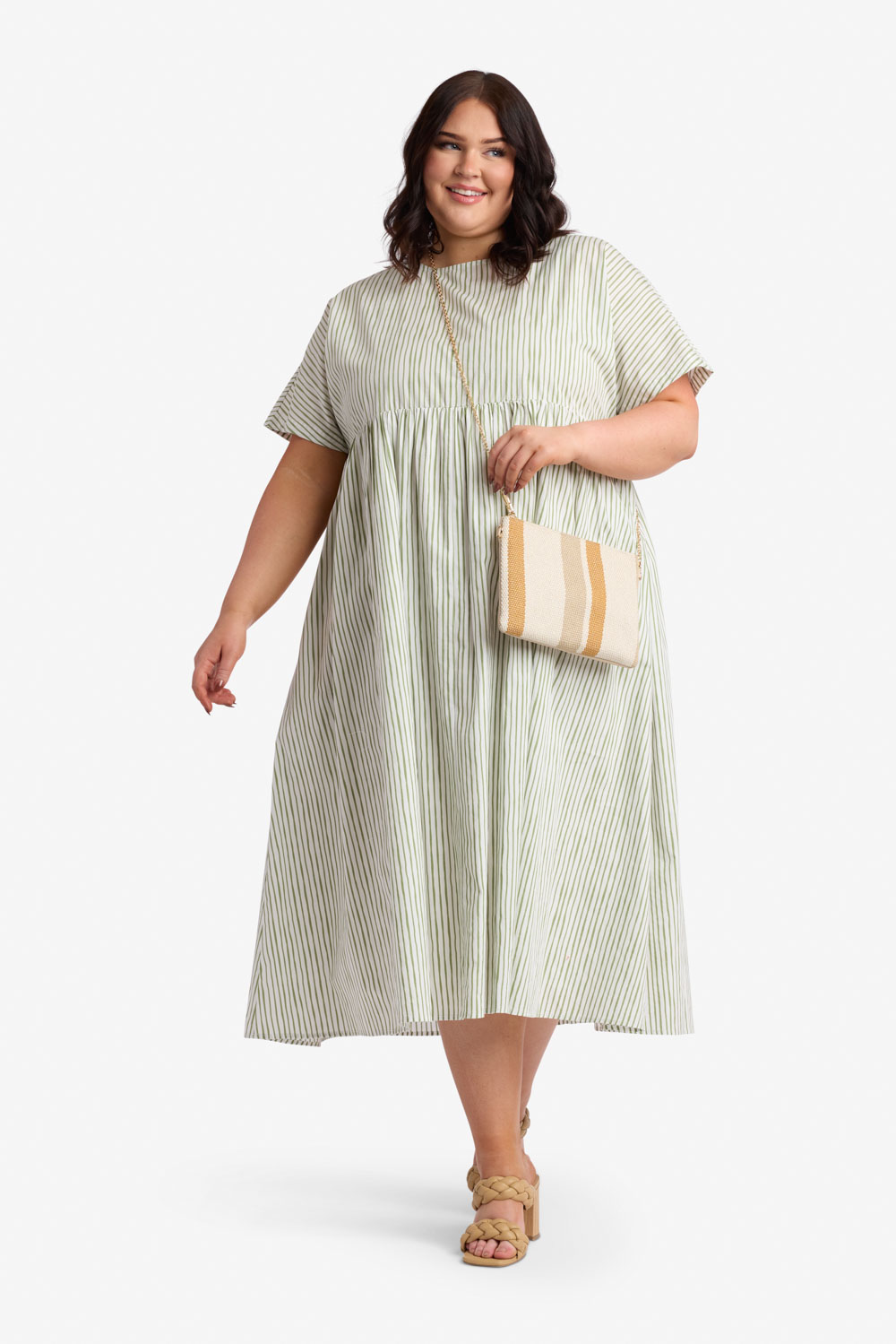 Women's Green Midi Dress - Round Neck - Dolman Sleeve - Gathered Waist - Pockets | Sweet Salt Clothing