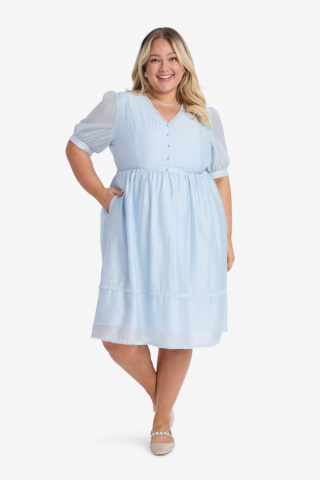 Lace Trim Blue Modest Dress