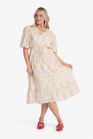 V Neck Yellow Ikat Modest Dress