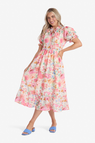 Pink Floral Puff Sleeve Modest Dress
