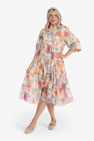 Tiered Orange Floral Modest Dress
