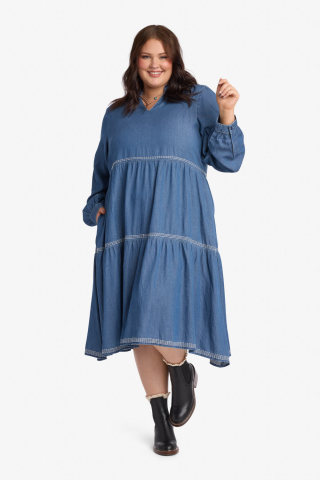 Mandarin Collar Tiered Skirt Knee Length Dark Wash Modest Dress