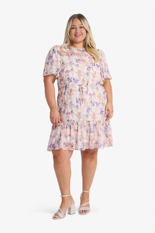 Purple Floral Drop Waist Modest Dress