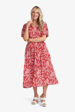Red Paisely Modest Dress Midi Length