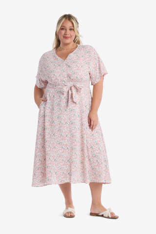 V Neck Dolman Sleeve Pink Floral Modest Dress