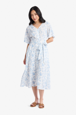 V Neck Dolman Sleeve Cream Floral Modest Dress