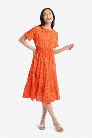 Hidden Placket Ruffle Sleeve Orange Floral Modest Dress