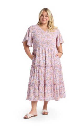 Smocked Bodice Tiered Skirt Pink Floral Modest Dress