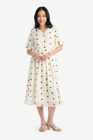 Black Dot Elastic Waist Modest Dress