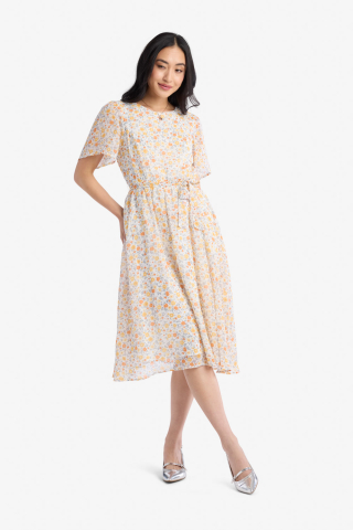Wide Neck Orange Floral Modest Dress