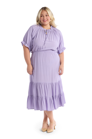 Ruffle Neck Tie Purple Purple Modest Dress