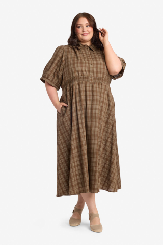 Puff Sleeve Collar Brown Plaid Modest Dress