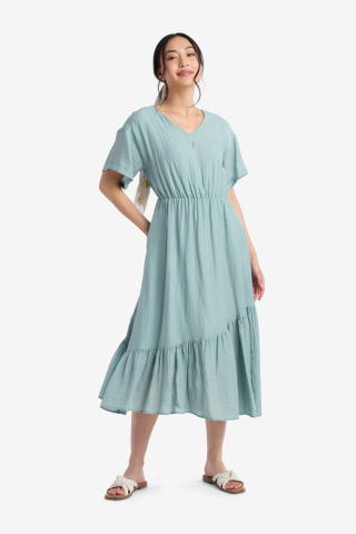 V Neck Blue Modest Dress