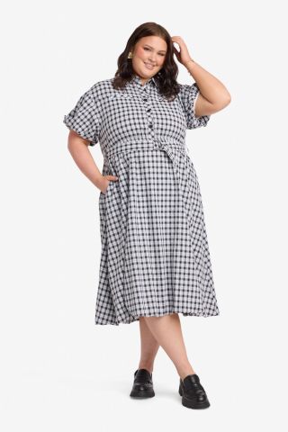 Collared Bubble Skirt Black Plaid Modest Dress