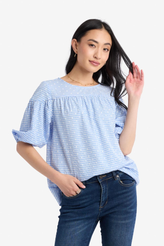 Blue GIngham Puff Sleeve Modest Dress