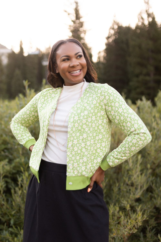 V Neck Button Down Cardigan Green Floral Modest Top