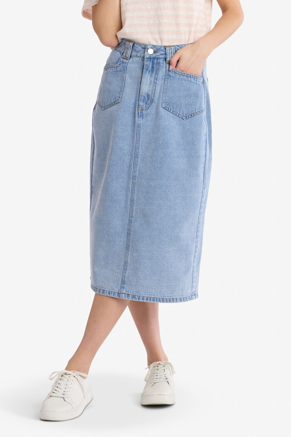 Blue Midi Length Denim Skirt | Sweet Salt Clothing