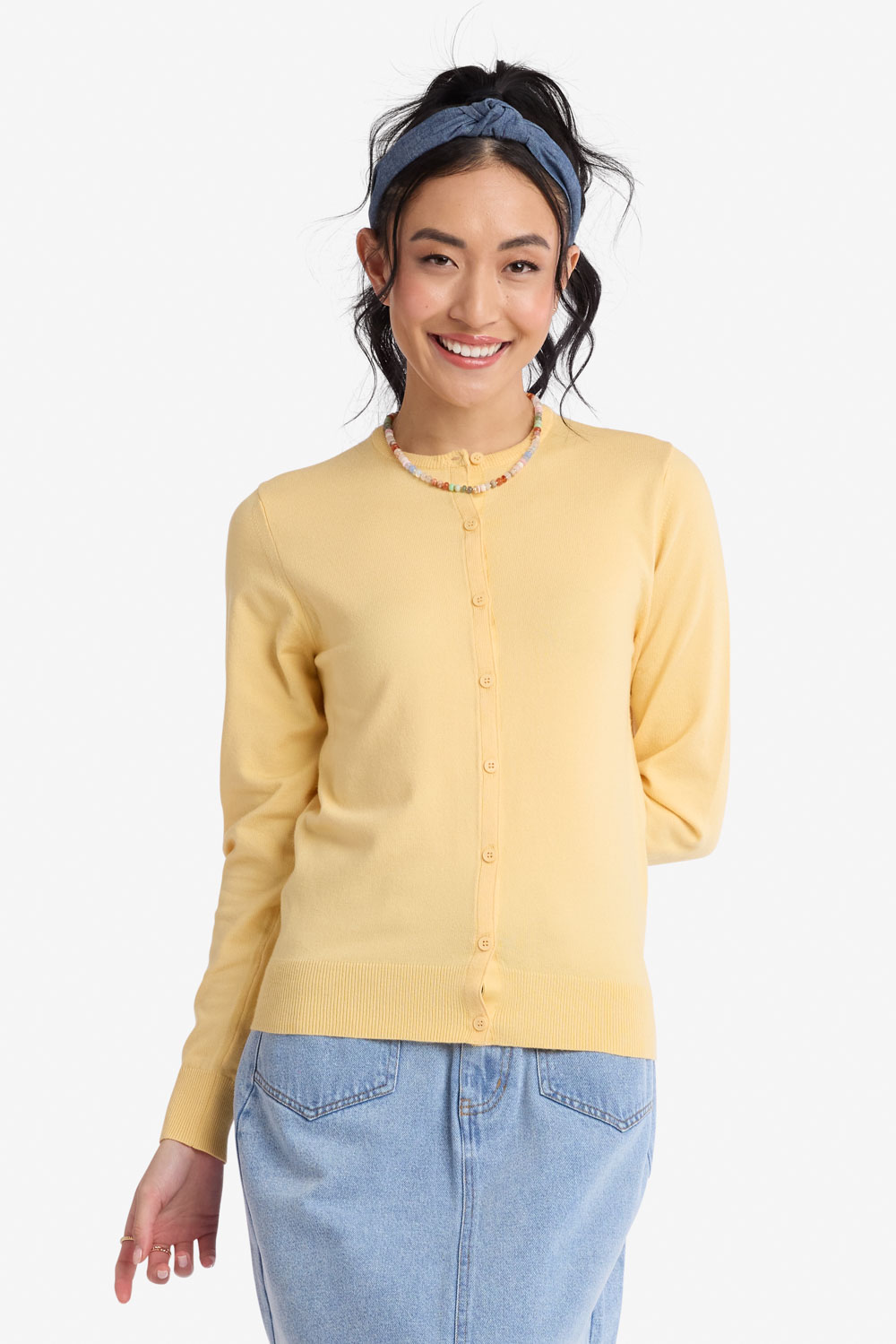 Women's Yellow Cardigan with Crew Neck | Sweet Salt Clothing