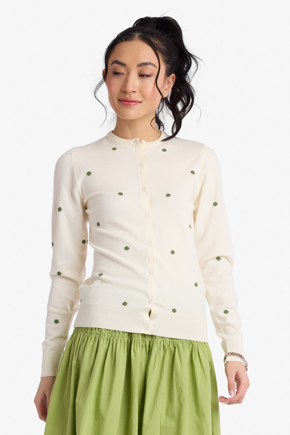 White and Green Polka Dot Cardigan | Sweet Salt Clothing