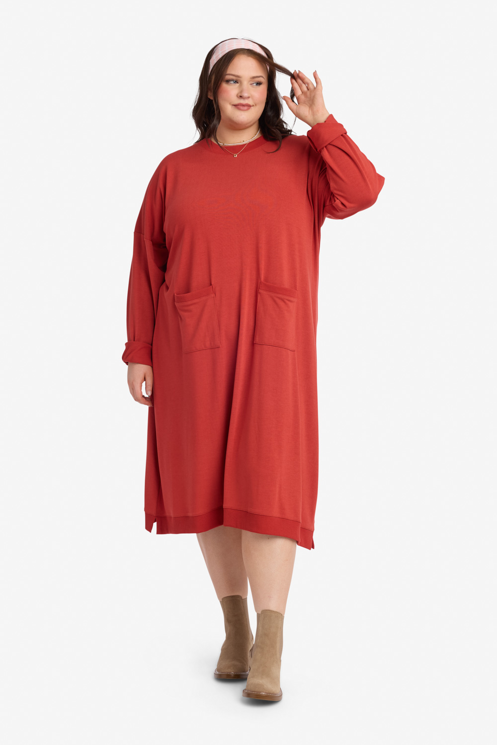 knee length dresses for ladies Crew Neck Midi Dress With Scrunchie Back Detail main image 0