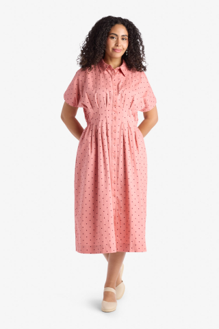 Dolman Sleeve Pleated Waist Coral Dot Modest Dress