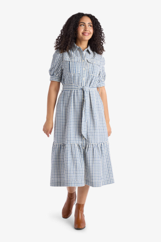 Collar Puff Sleeve Blue Gingham Modest Dress