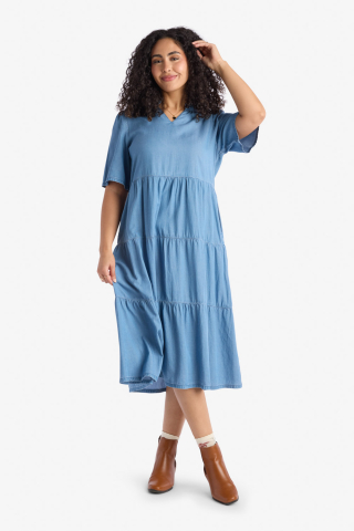 Mandarin Collar Tiered Skirt Midi Medium Wash Modest Dress