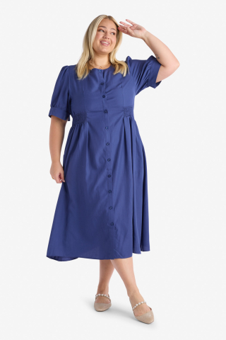 Puff Sleeve Button Down Blue Modest Dress