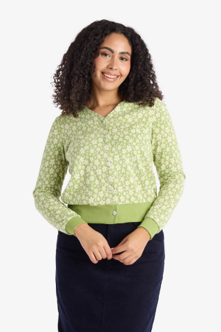 V Neck Button Down Cardigan Green Floral Modest Top